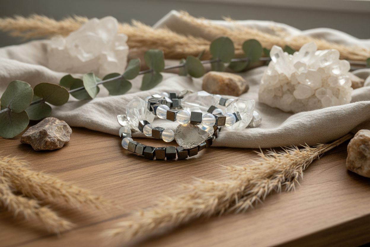 Hematite Opalite Mother of Pearl Bangle - Memory Wire Bracelet