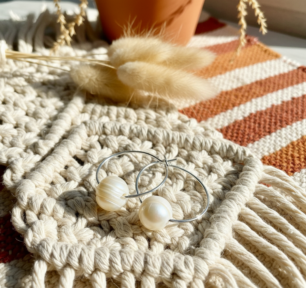 Pearl Hoop Earrings - Sterling Silver Over Copper