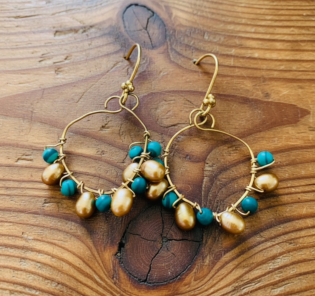 Malachite Pearl Hoop Earrings - 24K Gold Over Copper
