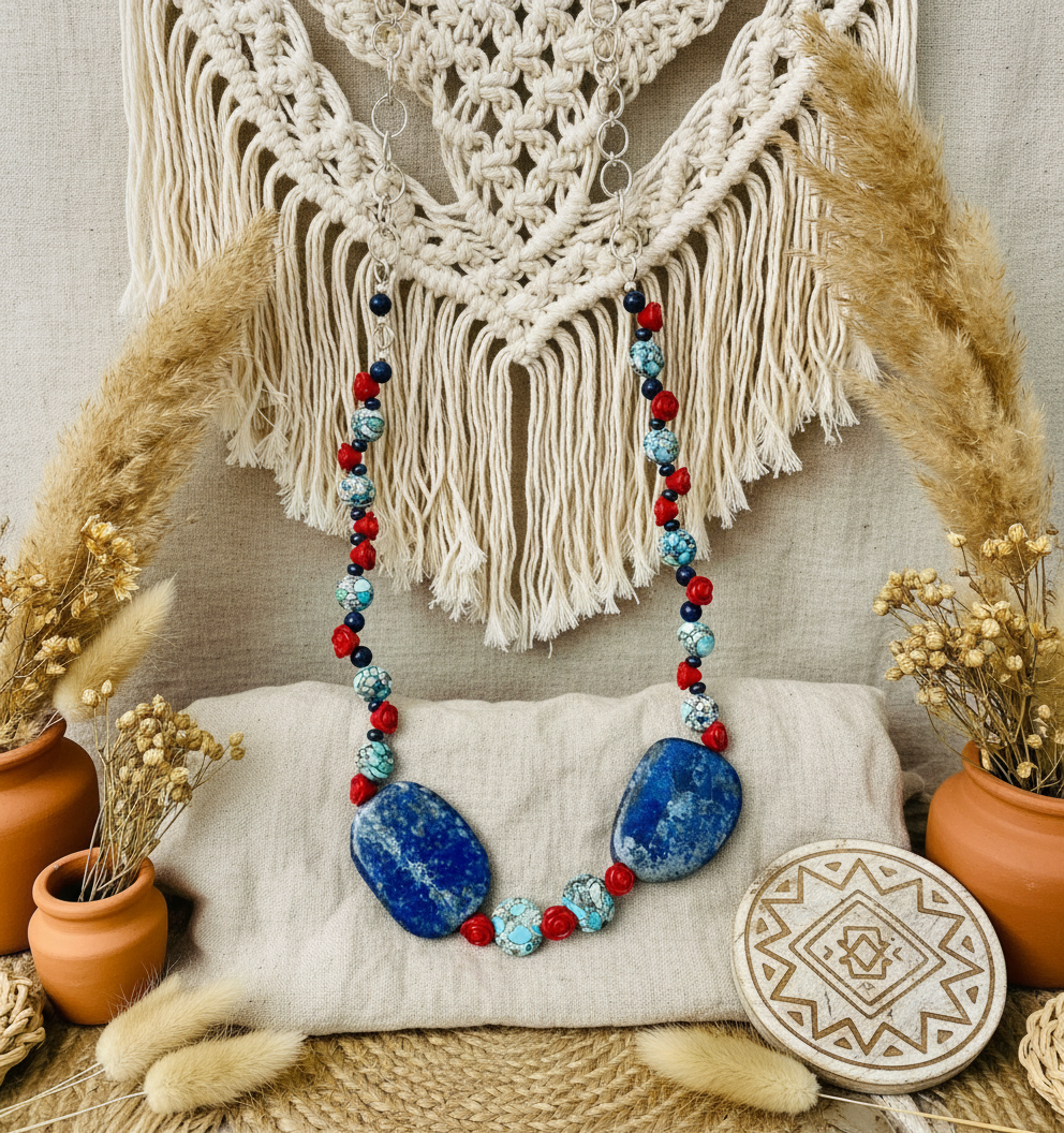 Coral Turquoise Lapis Lazuli Necklace - Sterling Silver Adjustable