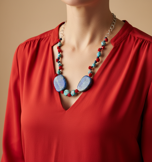 Coral Turquoise Lapis Lazuli Necklace - Sterling Silver Adjustable